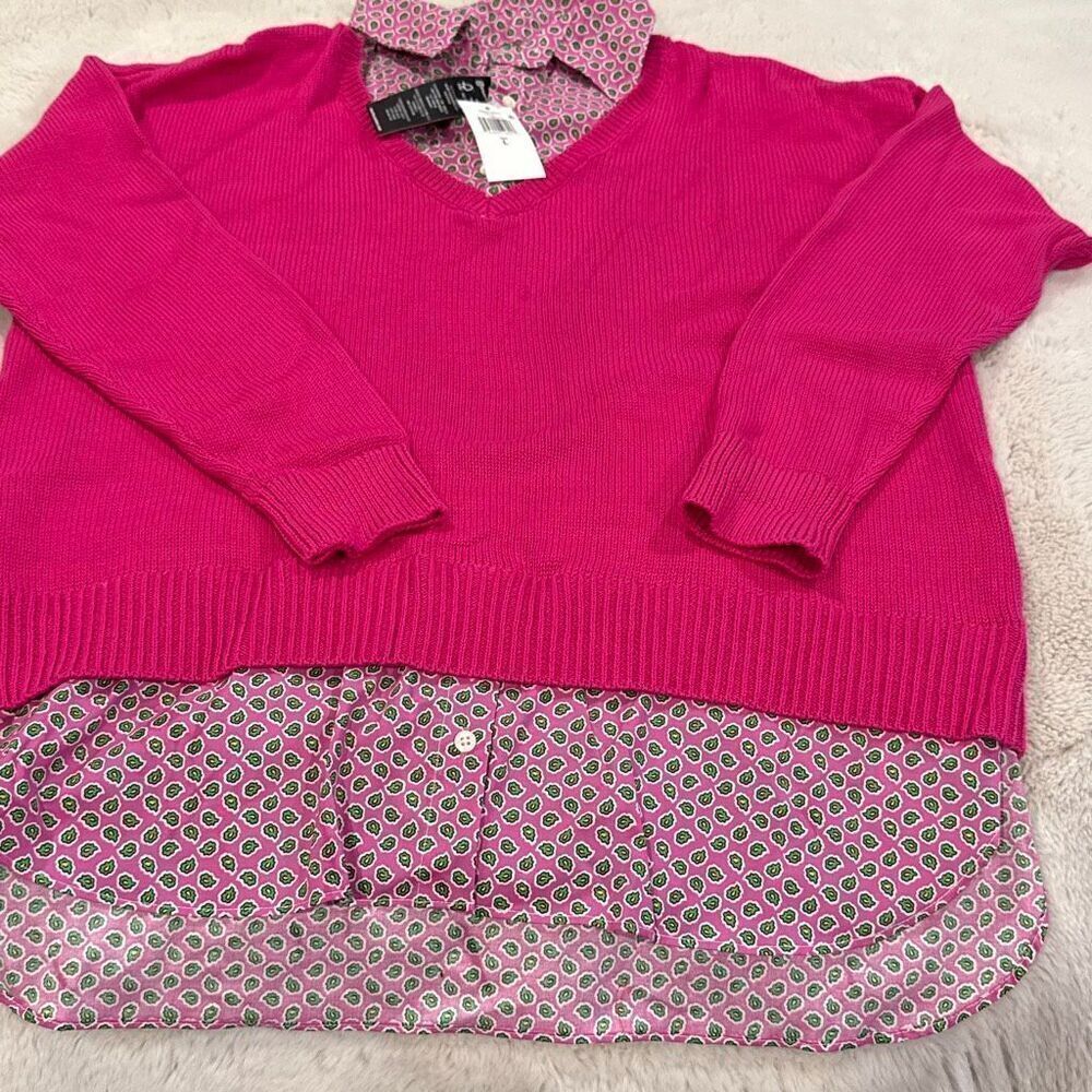 NWT Ralph Lauren, magenta, fuchsia, pink sweater, V-neck with undershirt detail